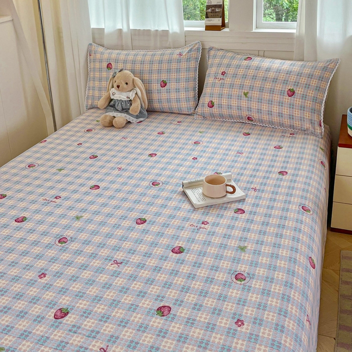 91家纺网 家纺一手货源 找家纺 小叮当家纺仓储工厂店 2025新款云感提花双层纱花边单床单单件床单单品床单 草莓格