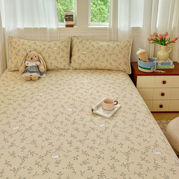 91家纺网 家纺一手货源 找家纺 小叮当家纺仓储工厂店 2025新款云感提花双层纱花边单床单单件床单单品床单 玫瑰兔