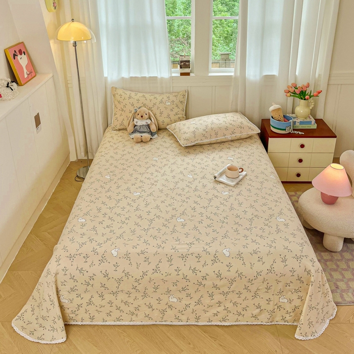 91家纺网 家纺一手货源 找家纺 小叮当家纺仓储工厂店 2025新款云感提花双层纱花边单床单单件床单单品床单 玫瑰兔