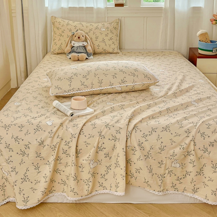 91家纺网 家纺一手货源 找家纺 小叮当家纺仓储工厂店 2025新款云感提花双层纱花边单床单单件床单单品床单 玫瑰兔