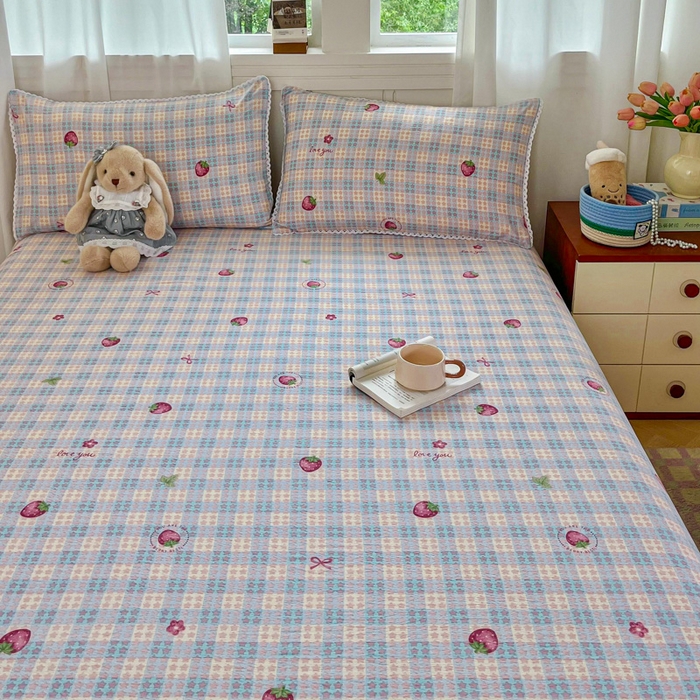 91家纺网 家纺一手货源 找家纺 小叮当家纺仓储工厂店 2025新款云感提花双层纱花边单床单单件床单单品床单 草莓格