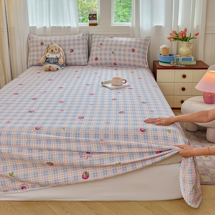 91家纺网 家纺一手货源 找家纺 小叮当家纺仓储工厂店 2025新款云感提花双层纱花边单床单单件床单单品床单 草莓格