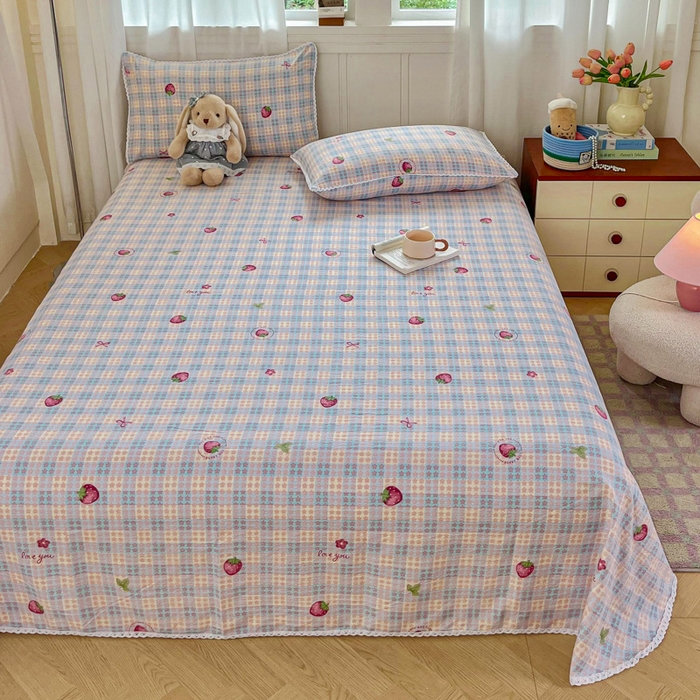 91家纺网 家纺一手货源 找家纺 小叮当家纺仓储工厂店 2025新款云感提花双层纱花边单床单单件床单单品床单 草莓格