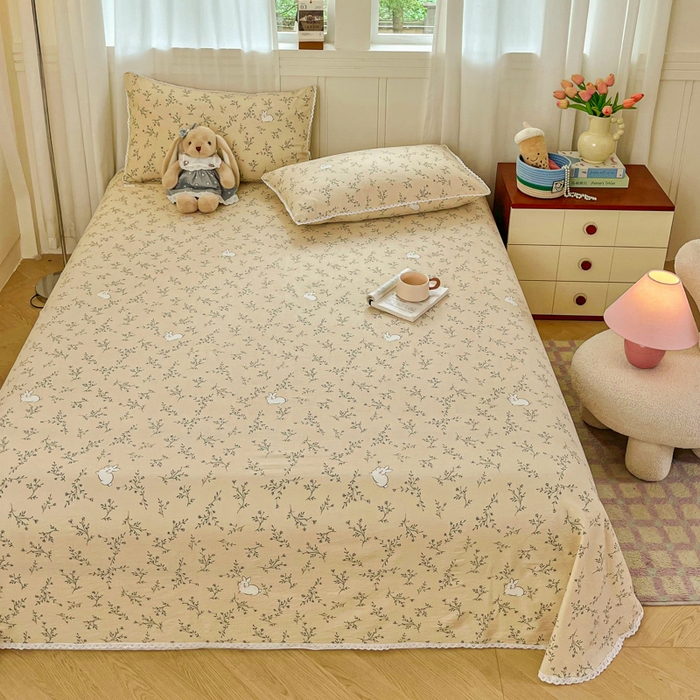 91家纺网 家纺一手货源 找家纺 小叮当家纺仓储工厂店 2025新款云感提花双层纱花边单床单单件床单单品床单 玫瑰兔