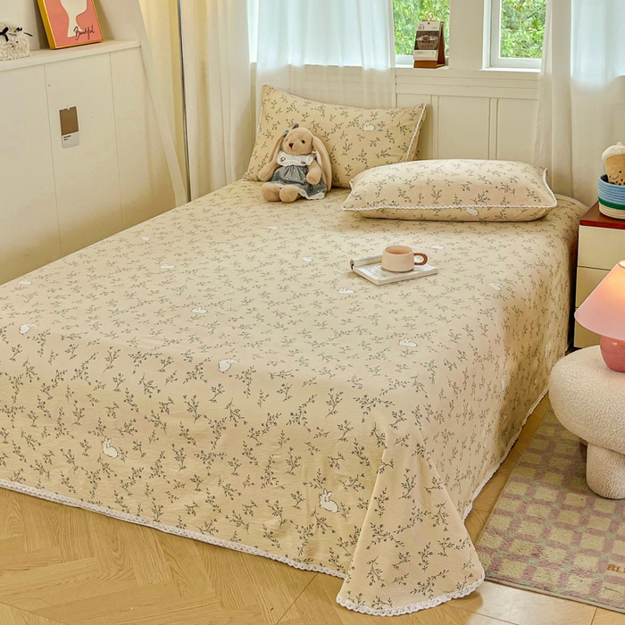 91家纺网 家纺一手货源 找家纺 小叮当家纺仓储工厂店 2025新款云感提花双层纱花边单床单单件床单单品床单 玫瑰兔