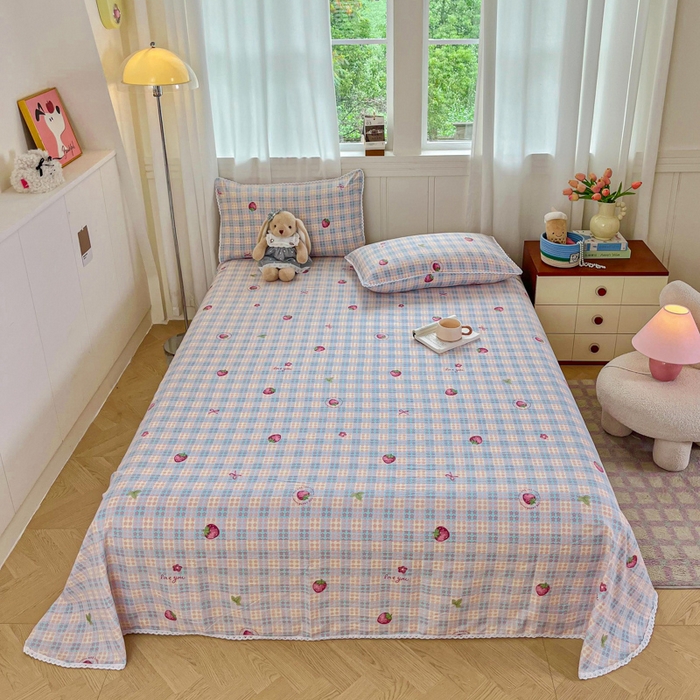 91家纺网 家纺一手货源 找家纺 小叮当家纺仓储工厂店 2025新款云感提花双层纱花边单床单单件床单单品床单 草莓格