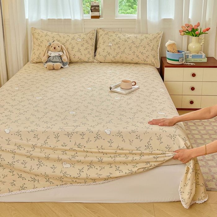 91家纺网 家纺一手货源 找家纺 小叮当家纺仓储工厂店 2025新款云感提花双层纱花边单床单单件床单单品床单 玫瑰兔