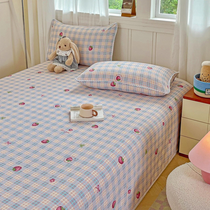 91家纺网 家纺一手货源 找家纺 小叮当家纺仓储工厂店 2025新款云感提花双层纱花边单床单单件床单单品床单 草莓格