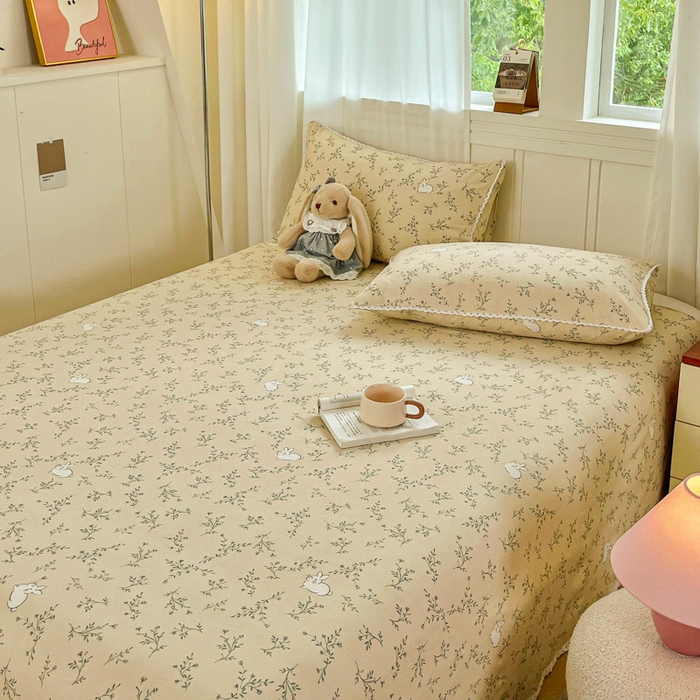 91家纺网 家纺一手货源 找家纺 小叮当家纺仓储工厂店 2025新款云感提花双层纱花边单床单单件床单单品床单 玫瑰兔