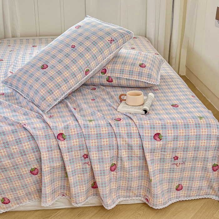 91家纺网 家纺一手货源 找家纺 小叮当家纺仓储工厂店 2025新款云感提花双层纱花边单床单单件床单单品床单 草莓格