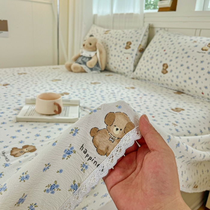 91家纺网 家纺一手货源 找家纺 小叮当家纺仓储工厂店 2025新款云感提花双层纱花边单床单单件床单单品床单 俏皮狗