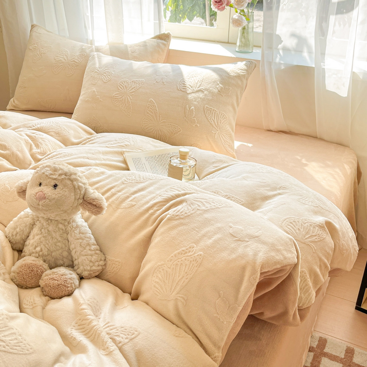 91家纺网 家纺一手货源 找家纺 绘萱家居 2025新款高克重雕花雕印纯色牛奶绒四件套双拼法莱绒珊瑚绒 蝴蝶纷飞-白卡其