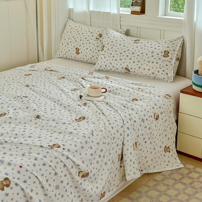 91家纺网 家纺一手货源 找家纺 小叮当家纺仓储工厂店 2025新款云感提花双层纱花边单床单单件床单单品床单 俏皮狗