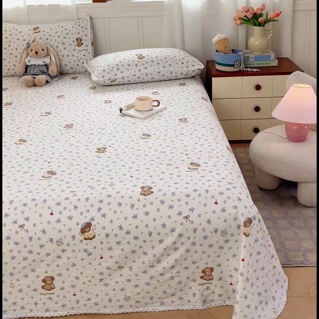 91家纺网 家纺一手货源 找家纺 小叮当家纺仓储工厂店 2025新款云感提花双层纱花边单床单单件床单单品床单 俏皮狗