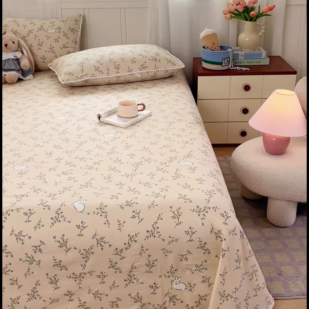 91家纺网 家纺一手货源 找家纺 小叮当家纺仓储工厂店 2025新款云感提花双层纱花边单床单单件床单单品床单 玫瑰兔