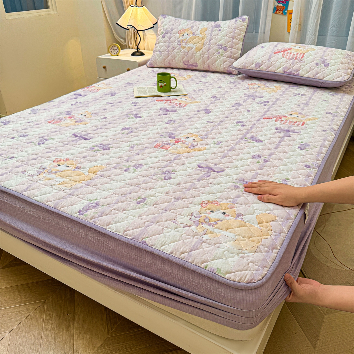 雯豆家纺 2025新款复古风皱皱棉印花夹棉床笠三件套加厚床垫保护套 毛球团团