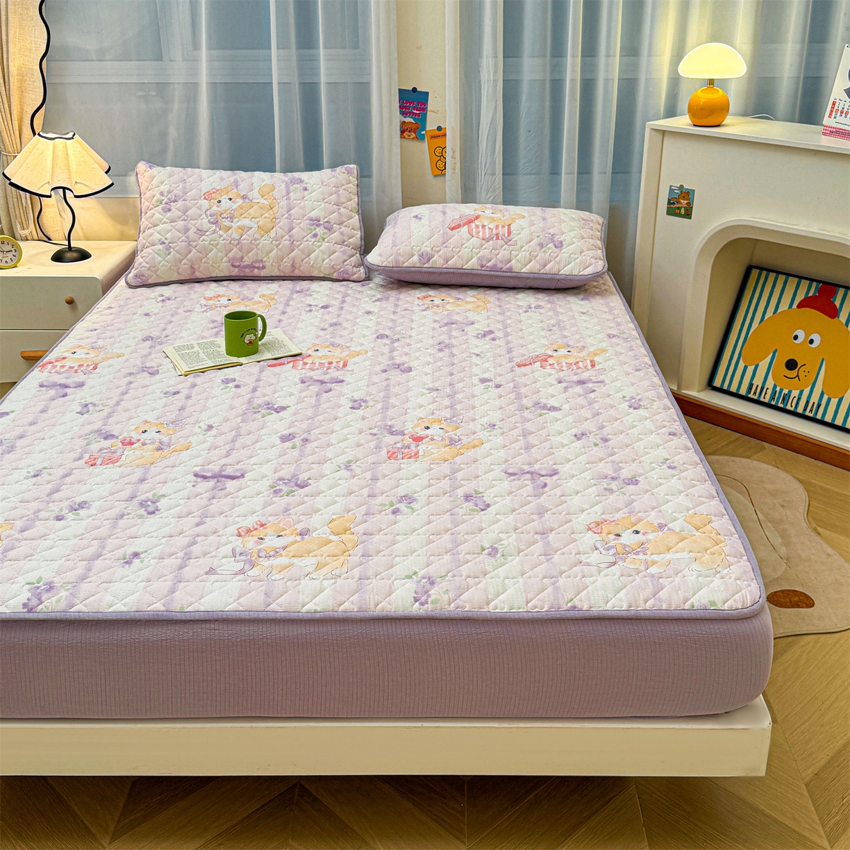 91家纺网 家纺一手货源 找家纺 雯豆家纺 2025新款复古风皱皱棉印花夹棉床笠三件套加厚床垫保护套 毛球团团