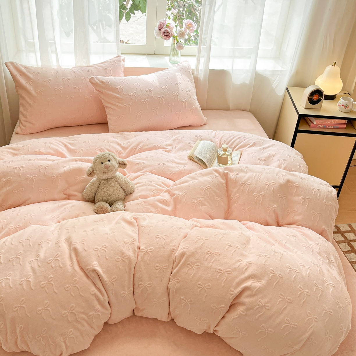 91家纺网 家纺一手货源 找家纺 绘萱家居 2025新款高克重雕花雕印纯色牛奶绒四件套双拼法莱绒珊瑚绒 甜蜜结-粉