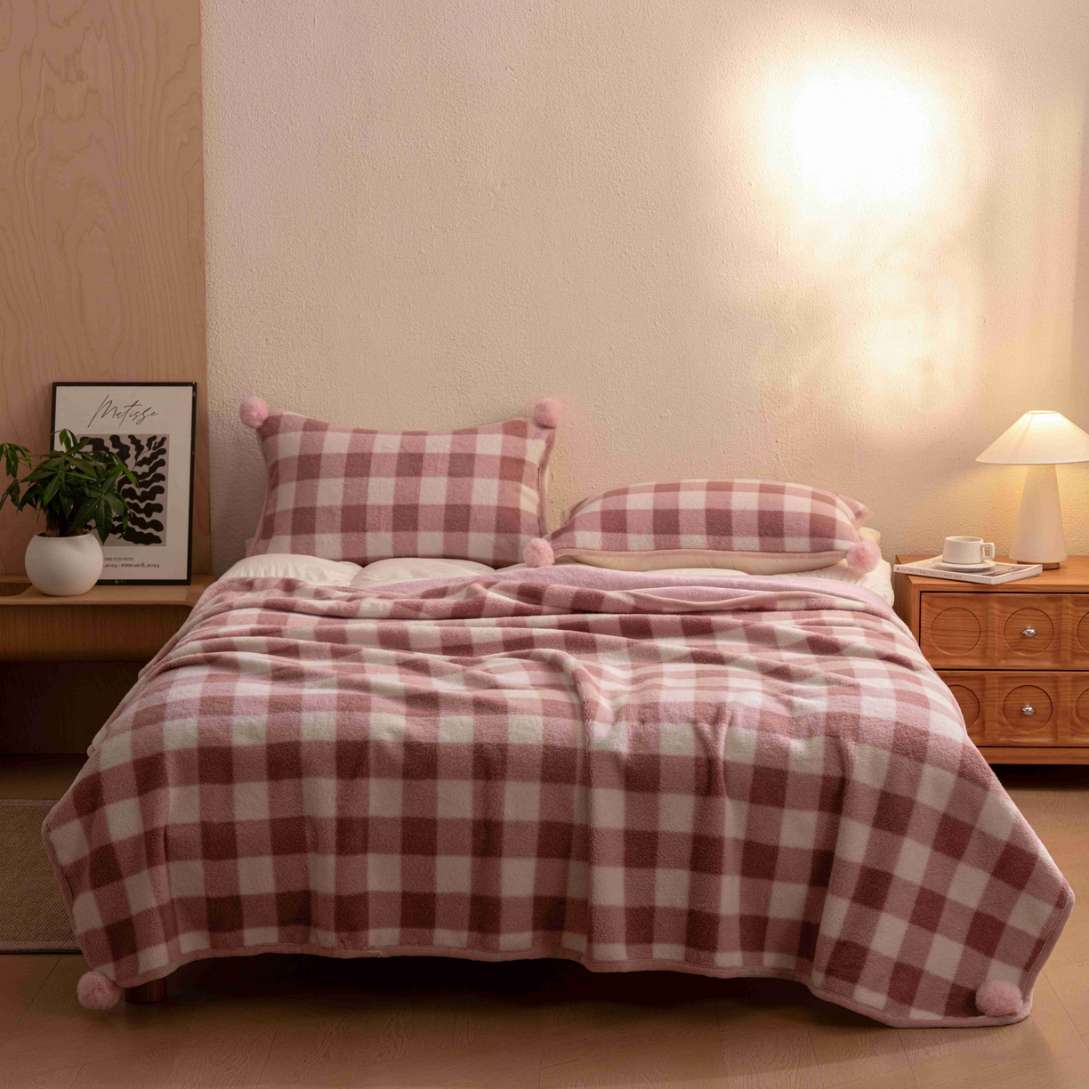 91家纺网 家纺一手货源 找家纺 寐居家纺 2025新款羊圈绒双层复合毛毯毯子 方格-豆沙红