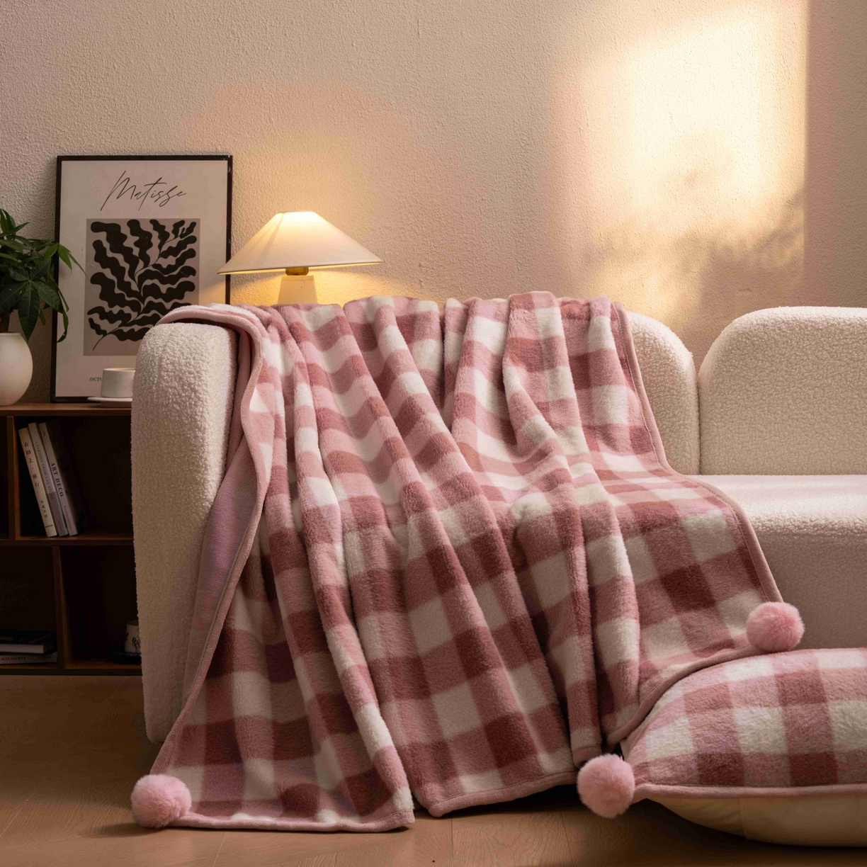 91家纺网 家纺一手货源 找家纺 寐居家纺 2025新款羊圈绒双层复合毛毯毯子 方格-豆沙红