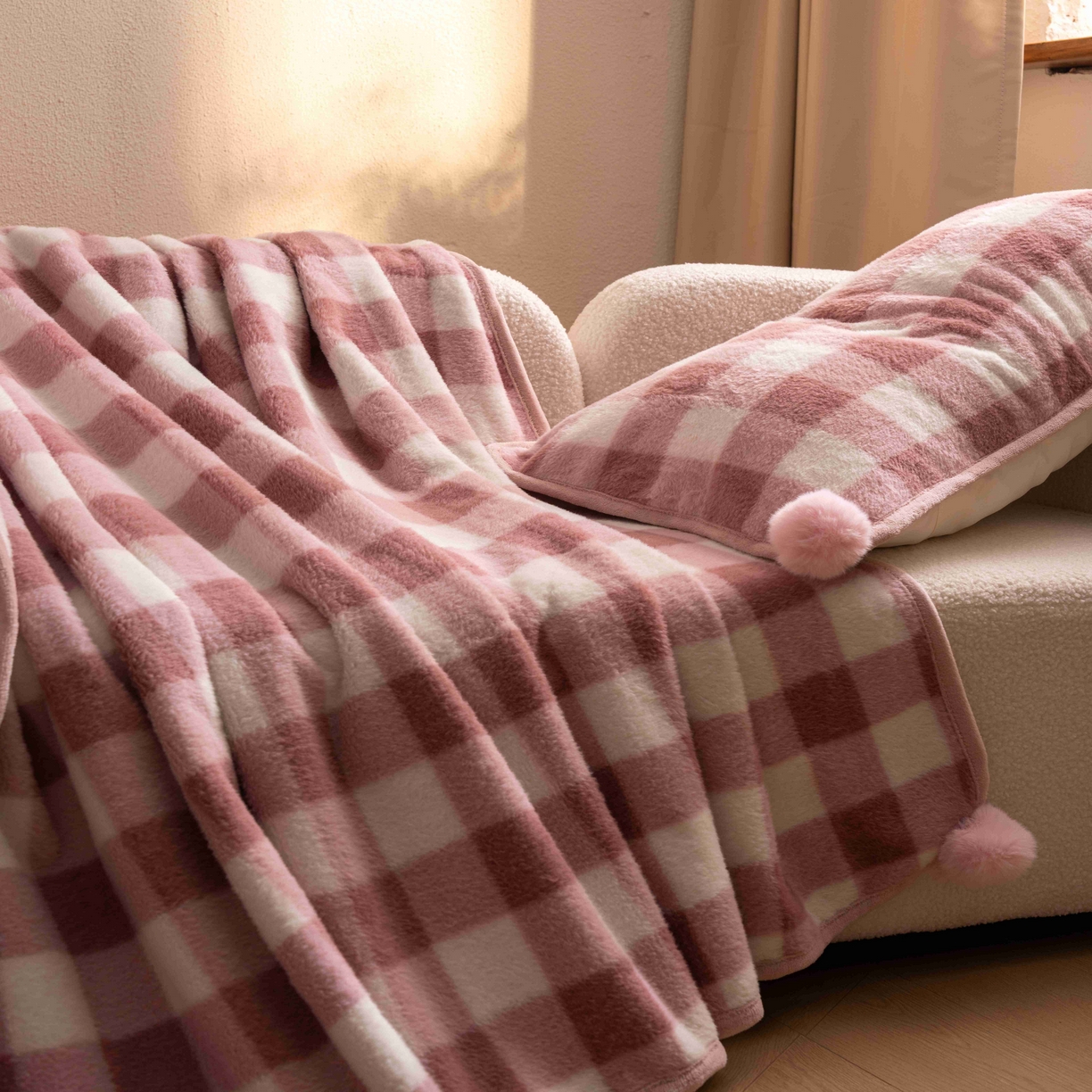 91家纺网 家纺一手货源 找家纺 寐居家纺 2025新款羊圈绒双层复合毛毯毯子 方格-豆沙红