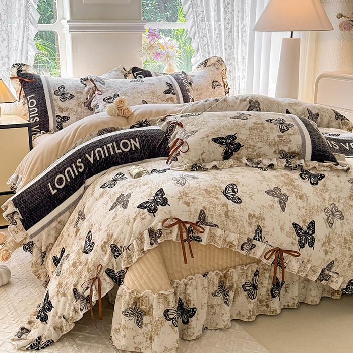 91家纺网 家纺一手货源 找家纺 （总）韩约家纺 2025新款韩式蝴蝶结牛奶绒床盖款四件套