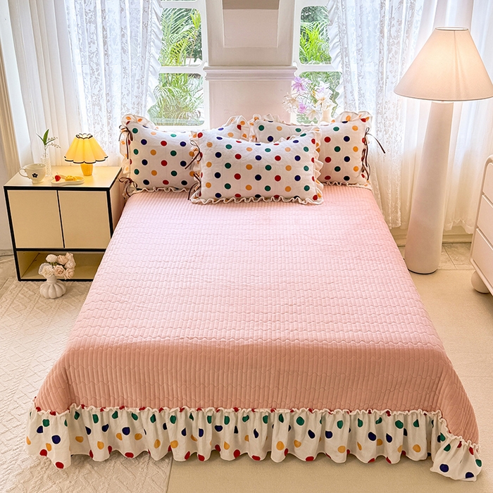 91家纺网 家纺一手货源 找家纺 韩约家纺 2025新款韩式蝴蝶结牛奶绒床盖款四件套 彩色波点