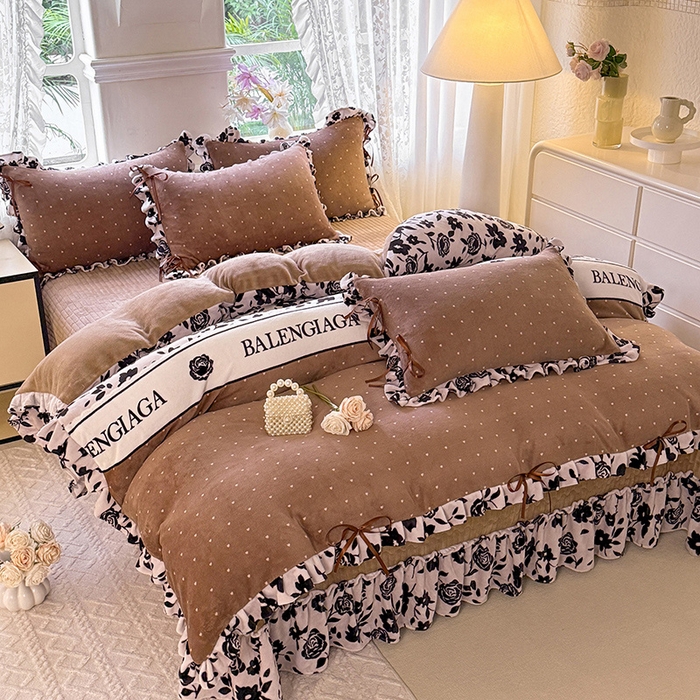 91家纺网 家纺一手货源 找家纺 韩约家纺 2025新款韩式蝴蝶结牛奶绒床盖款四件套 黛香