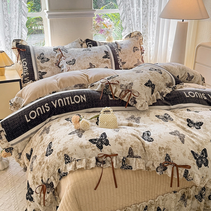 91家纺网 家纺一手货源 找家纺 韩约家纺 2025新款韩式蝴蝶结牛奶绒床盖款四件套 锦蝶