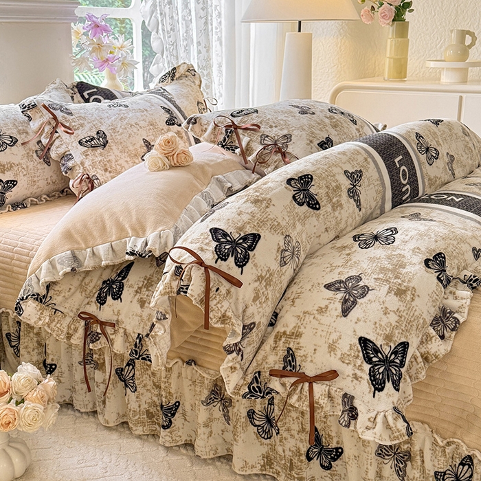 91家纺网 家纺一手货源 找家纺 韩约家纺 2025新款韩式蝴蝶结牛奶绒床盖款四件套 锦蝶