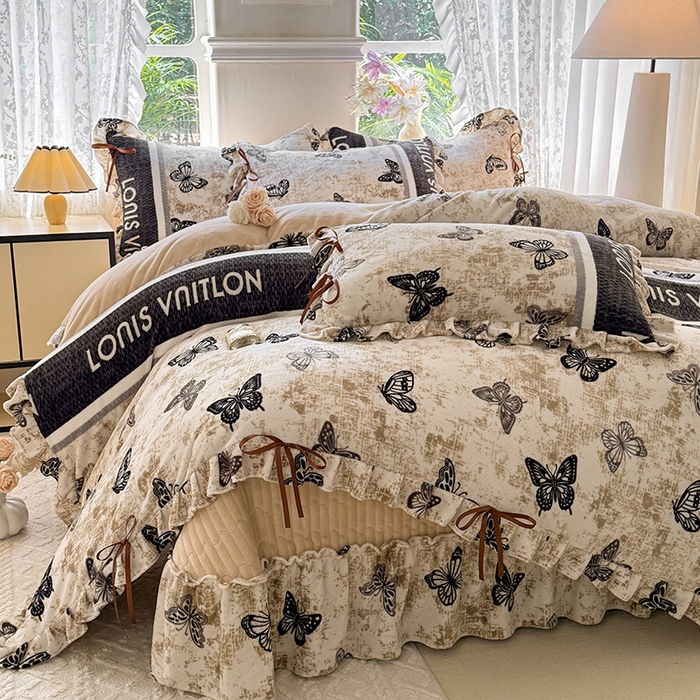 91家纺网 家纺一手货源 找家纺 韩约家纺 2025新款韩式蝴蝶结牛奶绒床盖款四件套 锦蝶