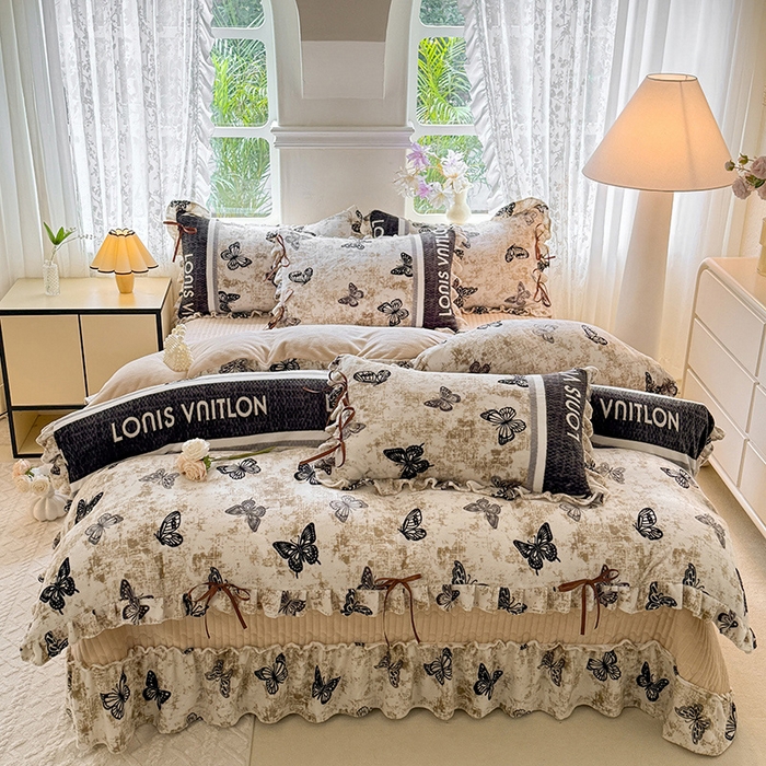 91家纺网 家纺一手货源 找家纺 韩约家纺 2025新款韩式蝴蝶结牛奶绒床盖款四件套 锦蝶