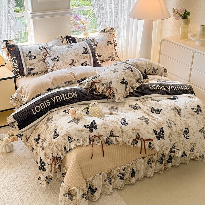 91家纺网 家纺一手货源 找家纺 韩约家纺 2025新款韩式蝴蝶结牛奶绒床盖款四件套 锦蝶