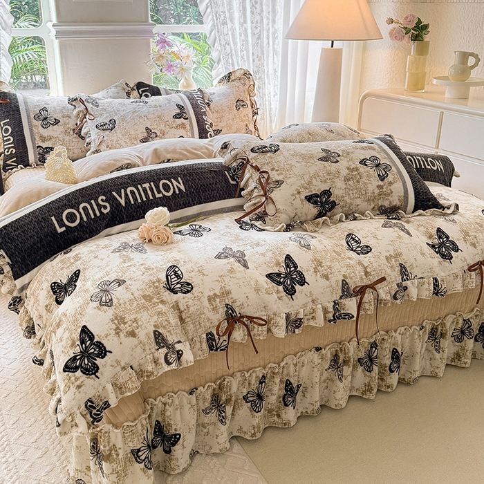 91家纺网 家纺一手货源 找家纺 韩约家纺 2025新款韩式蝴蝶结牛奶绒床盖款四件套 锦蝶