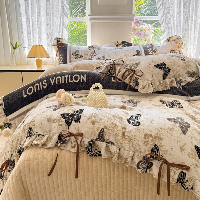 91家纺网 家纺一手货源 找家纺 韩约家纺 2025新款韩式蝴蝶结牛奶绒床盖款四件套 锦蝶