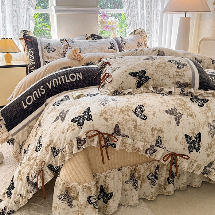 91家纺网 家纺一手货源 找家纺 韩约家纺 2025新款韩式蝴蝶结牛奶绒床盖款四件套 锦蝶