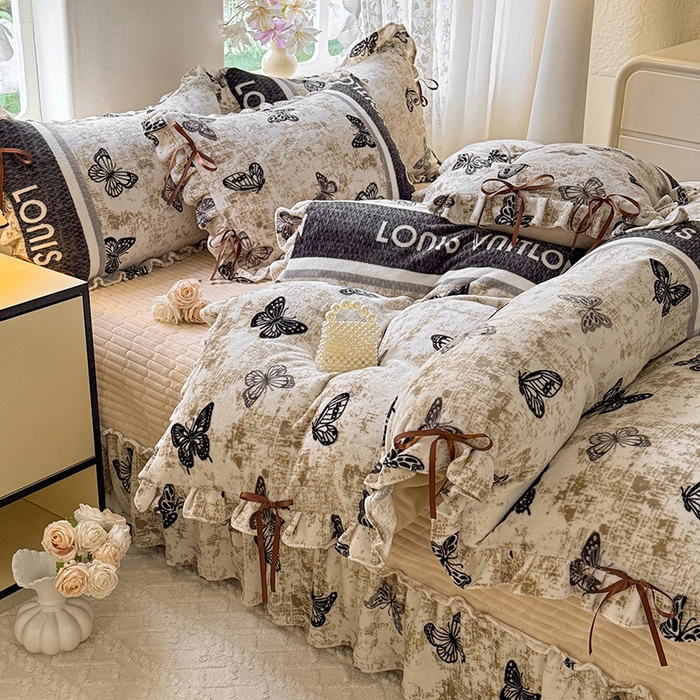 91家纺网 家纺一手货源 找家纺 韩约家纺 2025新款韩式蝴蝶结牛奶绒床盖款四件套 锦蝶