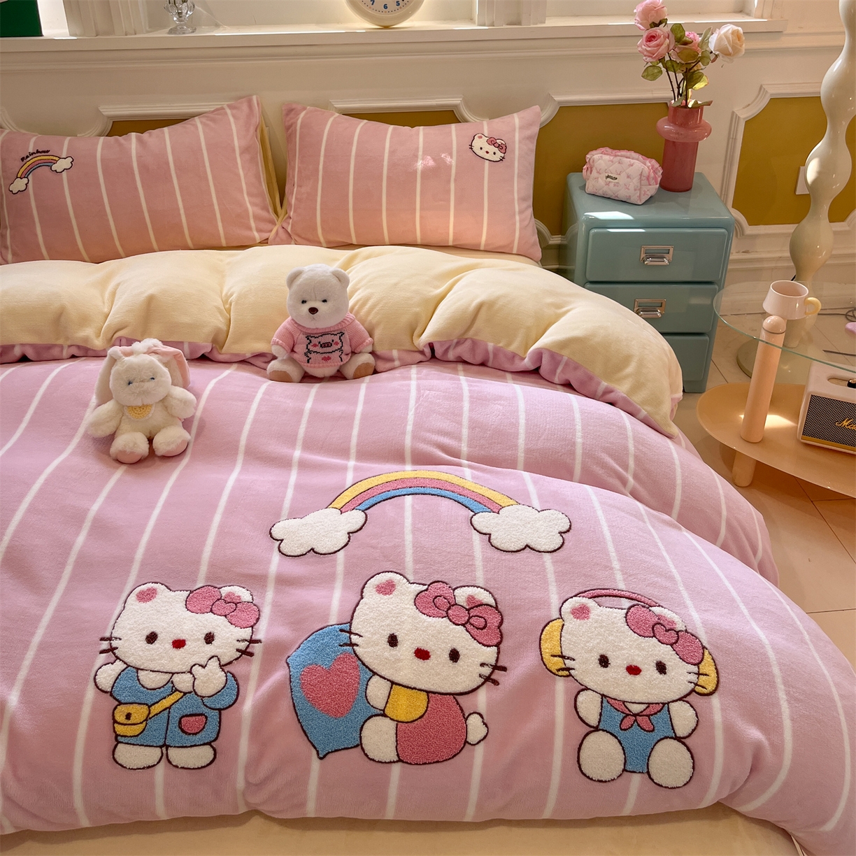 91家纺网 家纺一手货源 找家纺 星座家纺 2025新款A类卡通200g牛奶绒毛巾绣四件套 彩虹梦乡