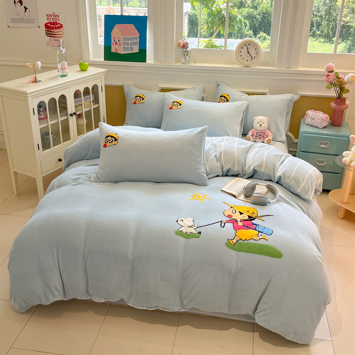 91家纺网 家纺一手货源 找家纺 星座家纺 2025新款A类卡通200g牛奶绒毛巾绣四件套 春日漫游