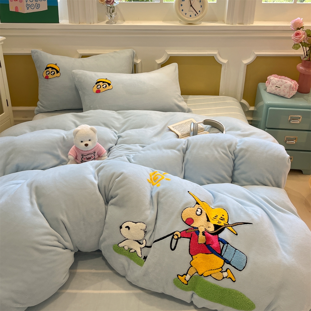 91家纺网 家纺一手货源 找家纺 星座家纺 2025新款A类卡通200g牛奶绒毛巾绣四件套 春日漫游