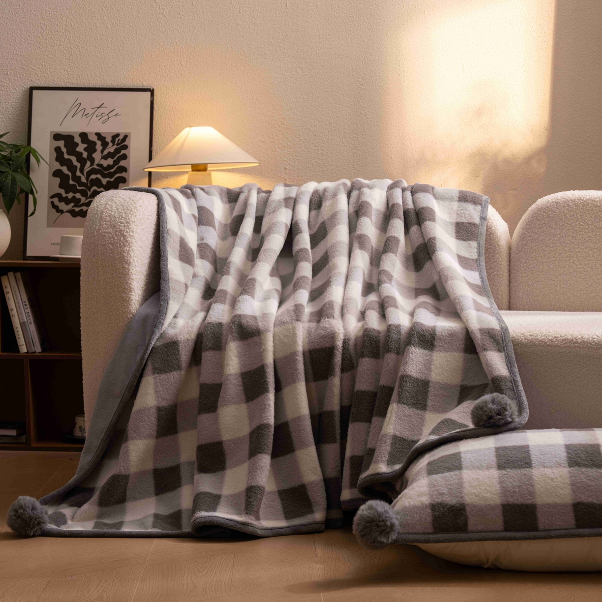 91家纺网 家纺一手货源 找家纺 寐居家纺 2025新款羊圈绒双层复合毛毯毯子 方格-灰