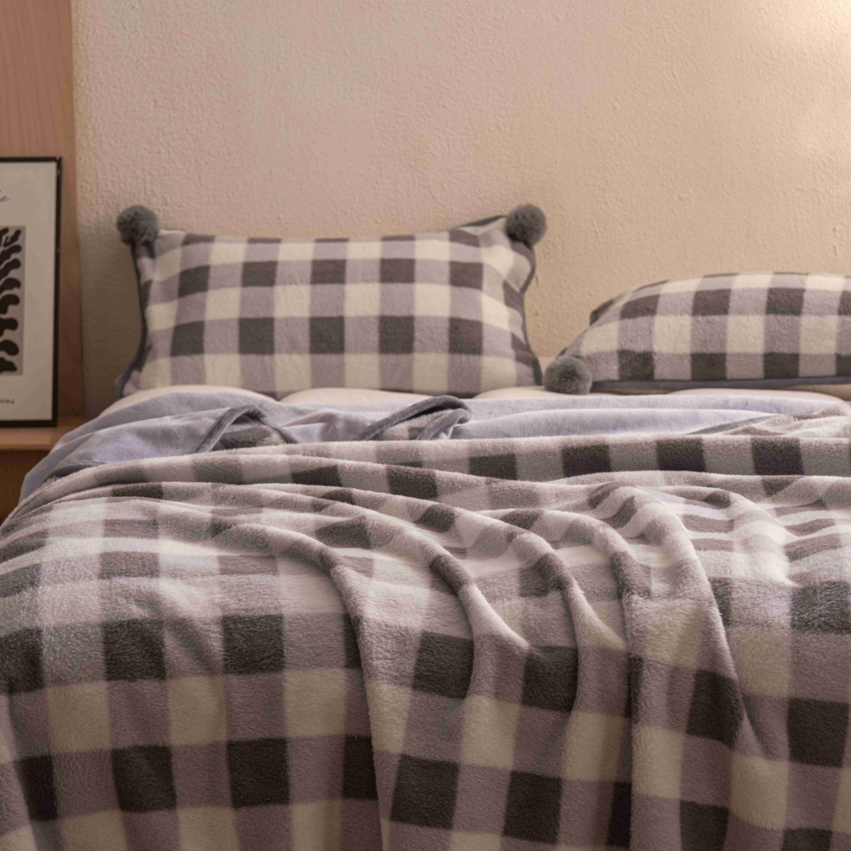 91家纺网 家纺一手货源 找家纺 寐居家纺 2025新款羊圈绒双层复合毛毯毯子 方格-灰