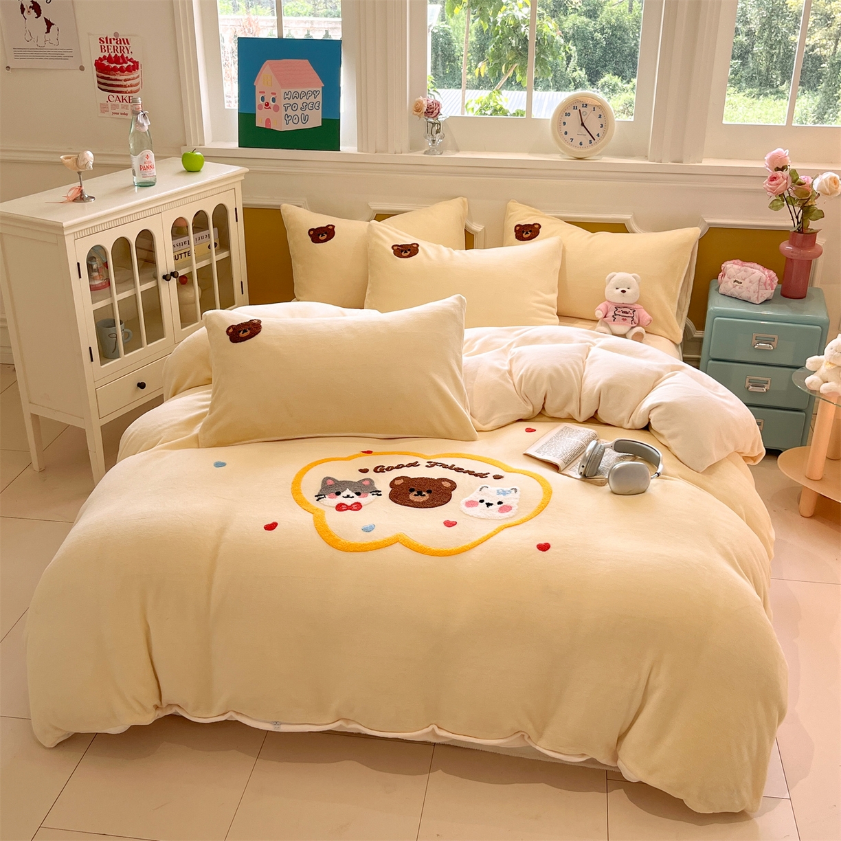 91家纺网 家纺一手货源 找家纺 星座家纺 2025新款A类卡通200g牛奶绒毛巾绣四件套 萌宠奶油