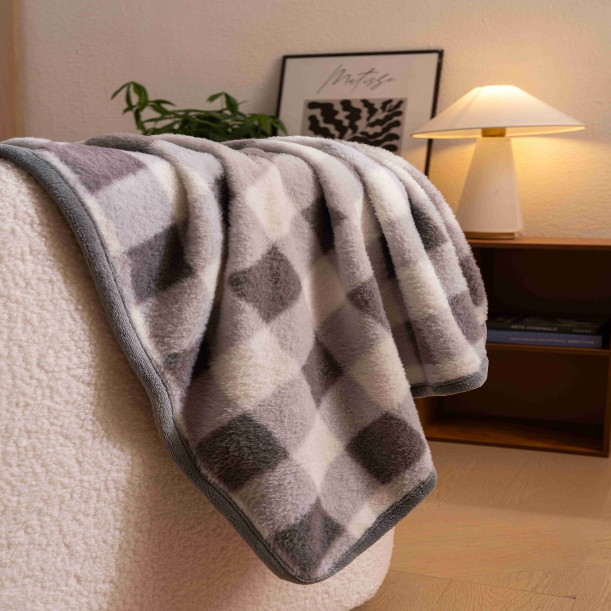 91家纺网 家纺一手货源 找家纺 寐居家纺 2025新款羊圈绒双层复合毛毯毯子 方格-灰