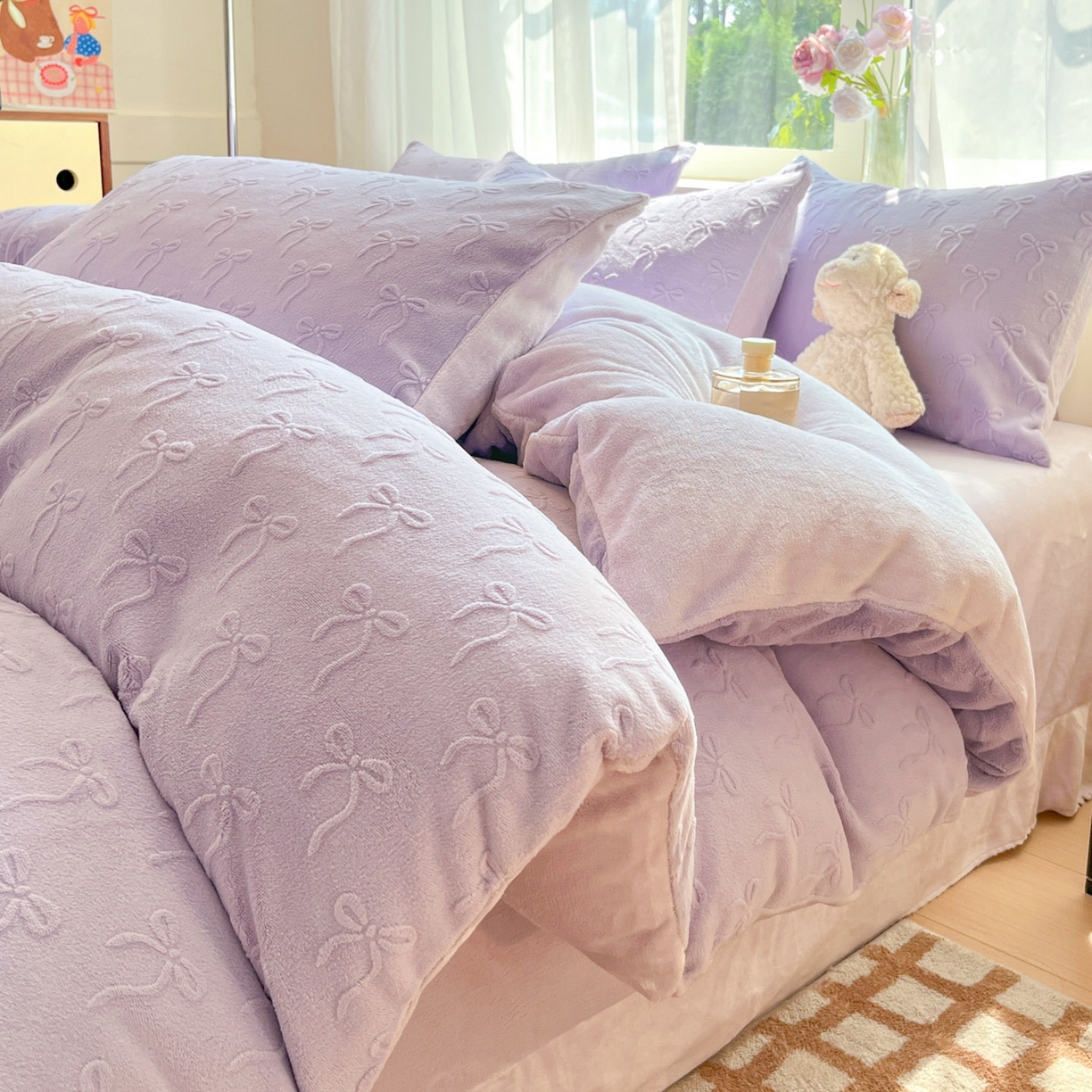 绘萱家居 2025新款高克重雕花雕印纯色牛奶绒四件套双拼法莱绒珊瑚绒 甜蜜结-紫