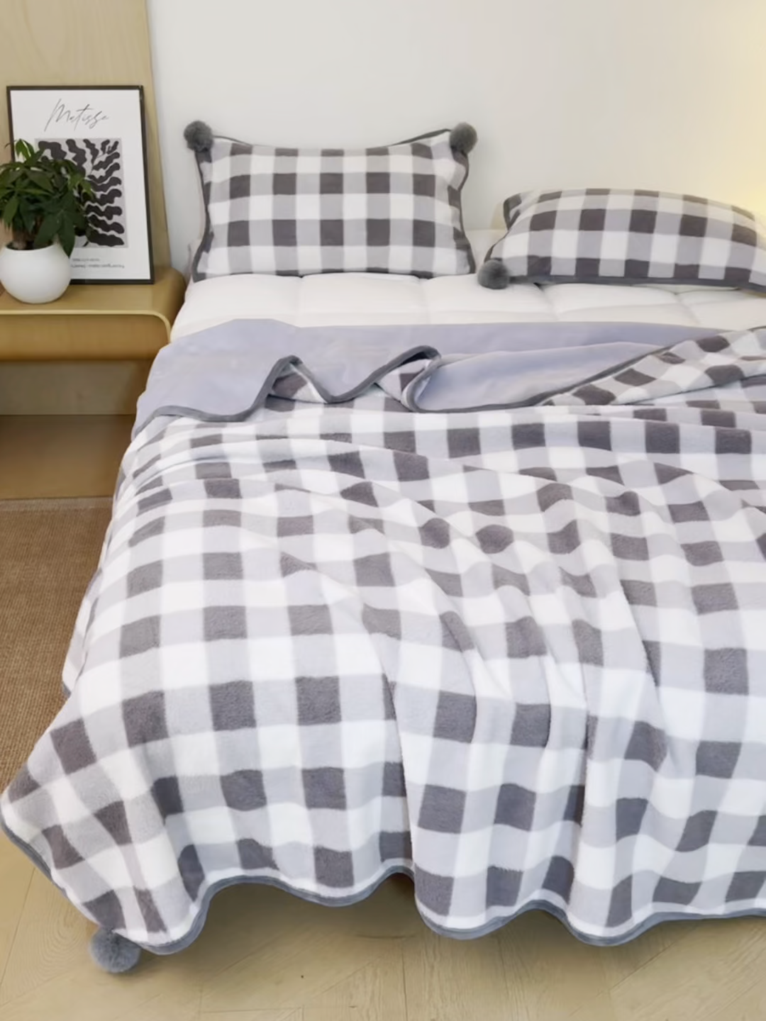 91家纺网 家纺一手货源 找家纺 寐居家纺 2025新款羊圈绒双层复合毛毯毯子 方格-灰