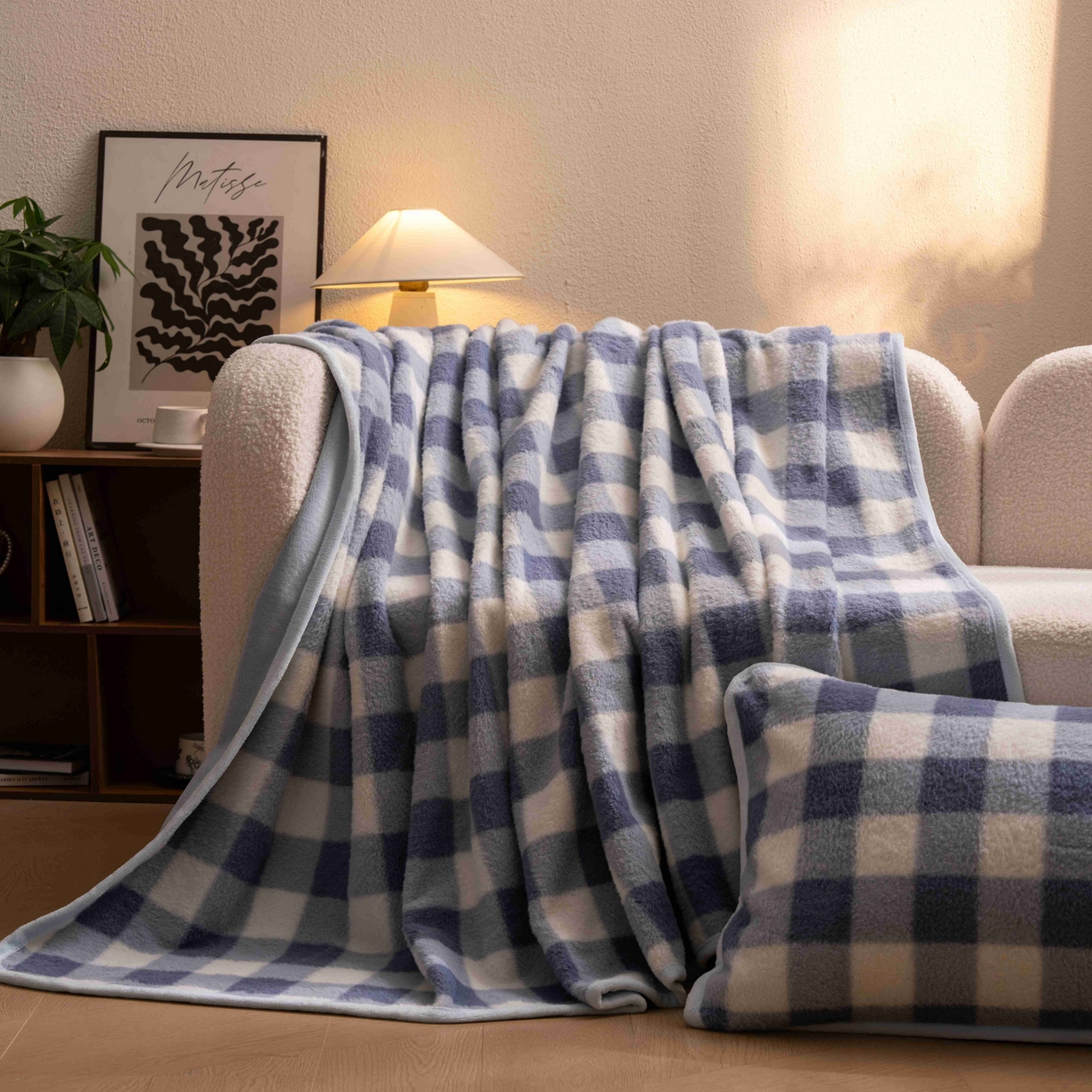 91家纺网 家纺一手货源 找家纺 寐居家纺 2025新款羊圈绒双层复合毛毯毯子 方格-蓝