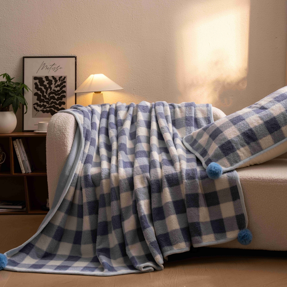 91家纺网 家纺一手货源 找家纺 寐居家纺 2025新款羊圈绒双层复合毛毯毯子 方格-蓝