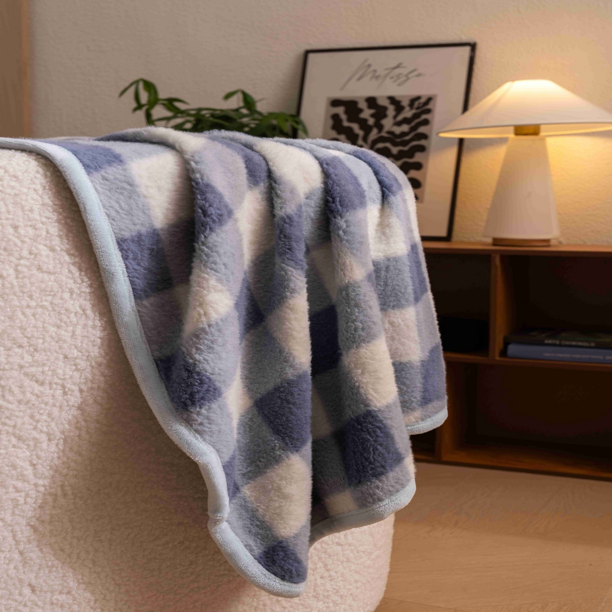 91家纺网 家纺一手货源 找家纺 寐居家纺 2025新款羊圈绒双层复合毛毯毯子 方格-蓝
