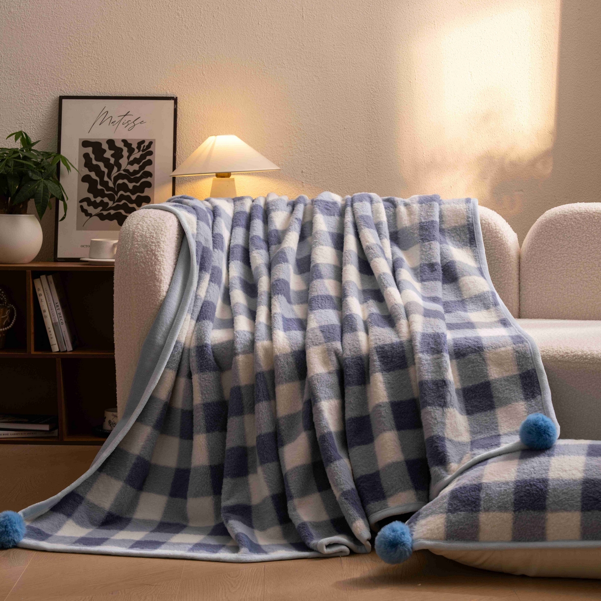 91家纺网 家纺一手货源 找家纺 寐居家纺 2025新款羊圈绒双层复合毛毯毯子 方格-蓝
